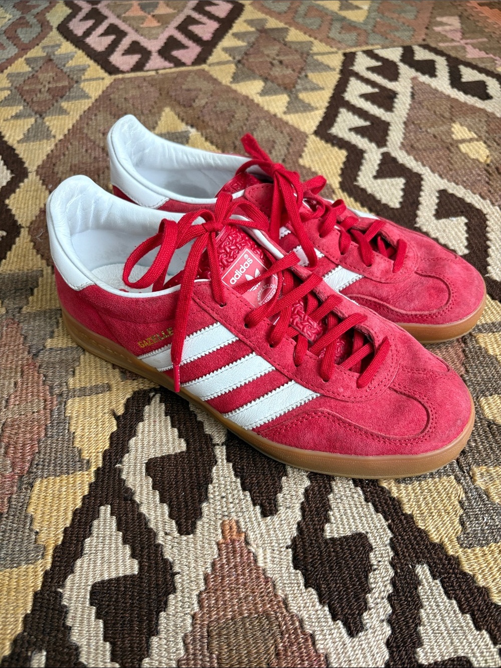 Adidas Gazelle Red Suede Sneakers with White Stripes and Gum Sole